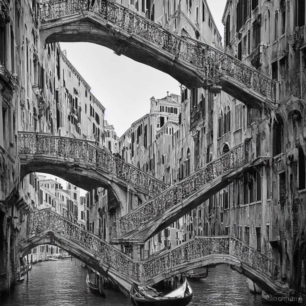 Image similar to venice bridges stairs by piranesi, composition, cinematic, rule, grid