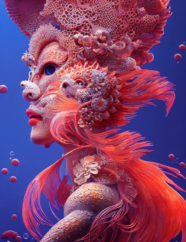 Image similar to 3 d goddess close - up profile portrait. beautiful intricately detailed japanese autumn fox mask and clasical japanese kimono. betta fish, jellyfish phoenix, bio luminescent, plasma, ice, water, wind, creature, artwork by tooth wu and wlop and beeple and greg rutkowski