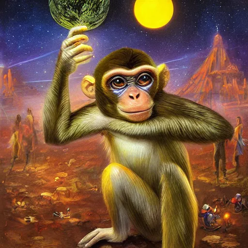 Prompt: A monkey at ozora festival by night, by Heather Theurer