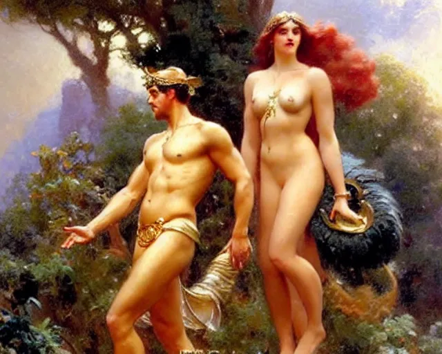 Image similar to distracted boyfriend meme of zeus ignoring hera to look at adonis, painting by gaston bussiere, craig mullins, j. c. leyendecker