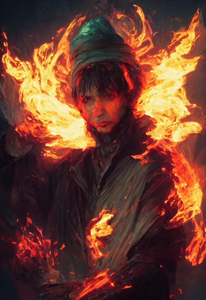 Image similar to a fancy portrait of a very mad mage covered in coloured flames by greg rutkowski, sung choi, mitchell mohrhauser, maciej kuciara, johnson ting, maxim verehin, peter konig, 8 k photorealistic, cinematic lighting, hd, high details,