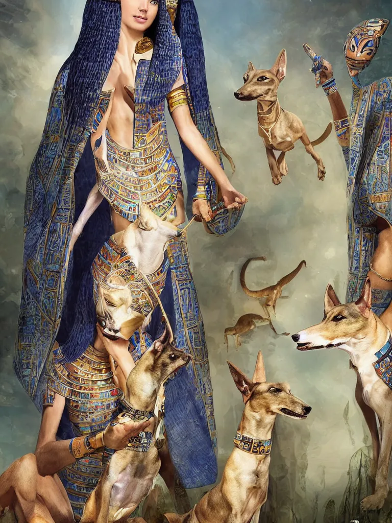 Prompt: portrait of a beautiful female ancient Egyptian goddess next to the god Anubis as a whippet, blue lotus flowers grow around them, by Alessio Albi, painted by Artgerm, by Marc Simonetti