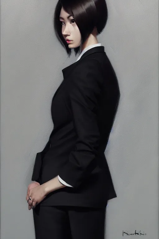 Image similar to a ultradetailed beautiful portrait panting of a stylish woman wearing a black loose fit suit with a tie, oil painting, by ilya kuvshinov, greg rutkowski and makoto shinkai, trending on artstation