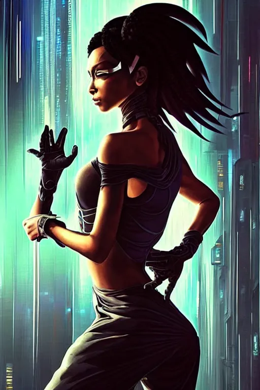 Prompt: cyberpunk Normani as aeon flux profile picture by Greg Rutkowski, social science fiction, biopunk, allegory, dystopian fiction, spy fiction, psychological drama, postmodern visual, psychedelic imagery and Gnostic symbolism, avant-garde, dynamic pose, intricate, futuristic, fantasy, elegant, by Stanley Artgerm Lau, greg rutkowski, thomas kindkade, alphonse mucha, loish, norman Rockwell,