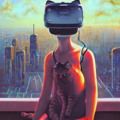 Image similar to a painting of a cat wearing oculus rift with a city in the background, cyberpunk art by hikari shimoda, trending on artstation, panfuturism, dystopian art, circuitry, sci - fi