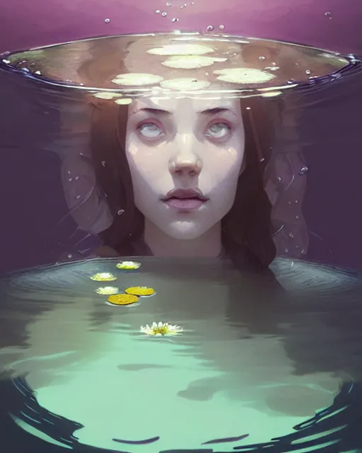 Prompt: hyper - realistic portrait of a ophelia underwater, water lilies, by atey ghailan, by greg rutkowski, by greg tocchini, by james gilleard, by joe fenton, by kaethe butcher, dynamic lighting, gradient light purple, brown, blonde cream and white color scheme, grunge aesthetic