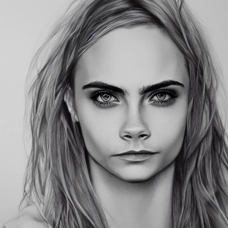 Image similar to Concept-art portrait of Cara Delevingne, photorealism, smiling face, clear eyes, pencil painting