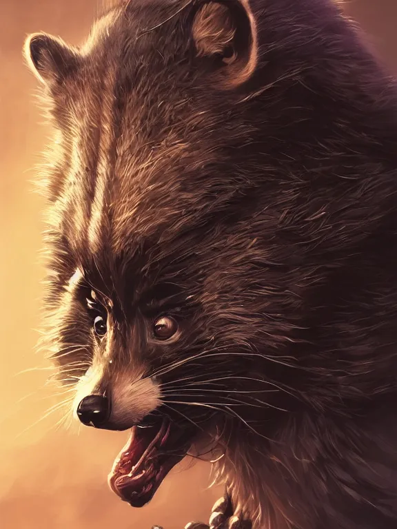 Prompt: a beautiful hyper realistic detailed portrait of an angry space warlord raccoon with an ultradetailed suits, dramatic lighting, dynamic lighting, cinematic lighting, by artgerm, charlie bowater and harumi hironaka, retrowaves, featured on artstation
