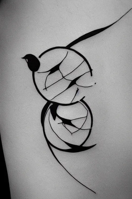 Image similar to a beautiful tattoo design of minimalist swallows flying into spherical lines and simple basic shapes, black ink, line art