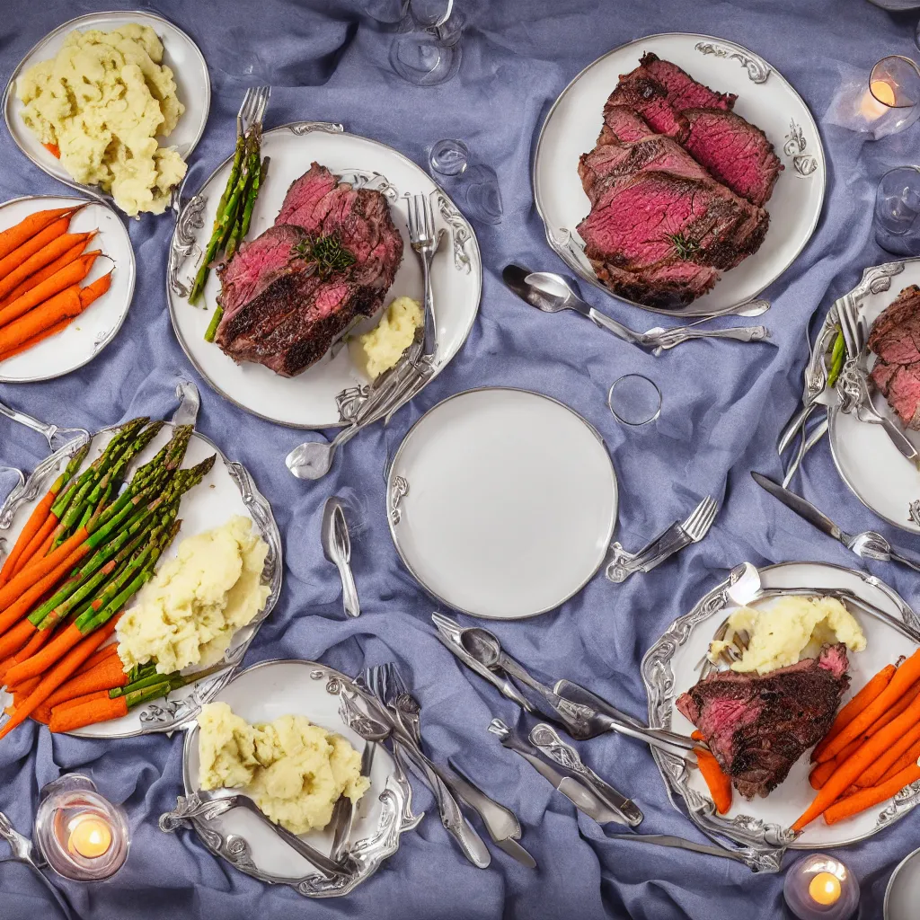 Prompt: macro chest - level shot of a single plate with prime rib, asparagus, mashed potatoes and gravy, and steamed carrots with blue table cloth and lit candles in ornate silver candlesticks, ultra - realistic, photo realism, professional photograph, extreme detail, deep focus, laser sharp, volumetric lighting, atmospheric, luxury, elite