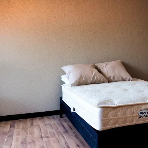 Image similar to Beautiful Photograph of a bedroom , a mattress stands against against the wall, wideshot, longshot, fullshot