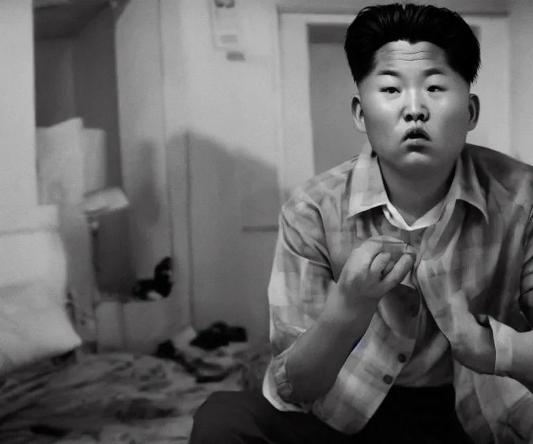 Image similar to hyperralism pineapple express movie still photography of real detailed north korean kim chen with detailed face smoking weed in basement bedroom photography by araki nobuyoshi