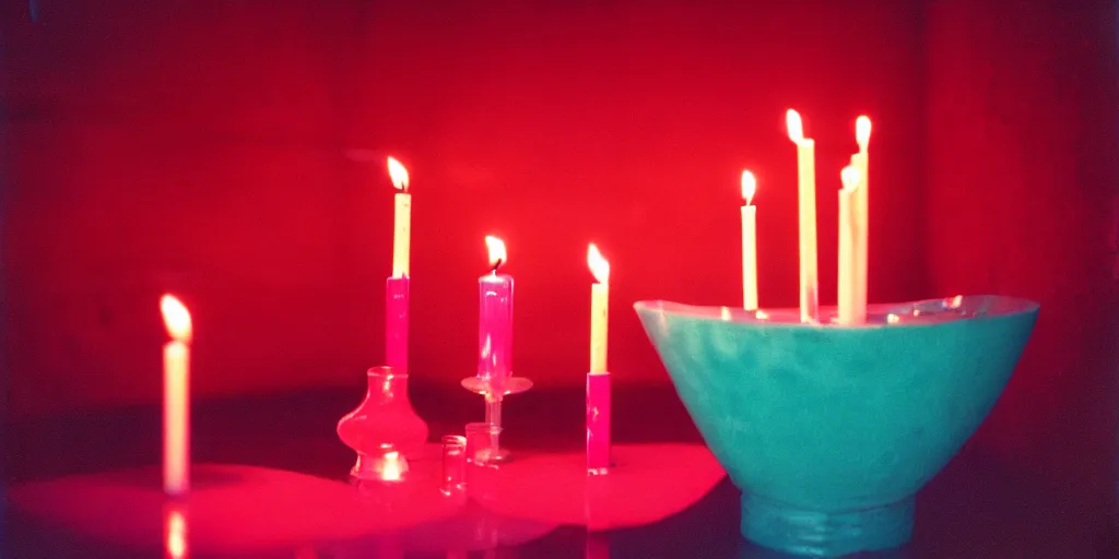 Image similar to macro of a vessel full of blood, it's in the corner of a room that's lit with candles, turquoise and pink lighting, 1980s, cinestill 800t