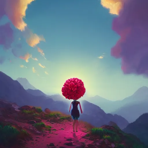 Image similar to giant carnation flower head, girl hiking in the mountains, surreal photography, sunrise, dramatic light, impressionist painting, colorful clouds, digital painting, artstation, simon stalenhag