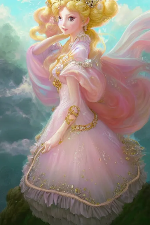 Image similar to portrait of princess peach, fantasy, gradient white pink gold, dreamy and ethereal, green eyes, golden ratio, peaceful expression, ornate frilly dress, fantasy, intricate, elegant, blue skye with clouds on the background, highly detailed, digital painting, artstation, concept art, smooth,b sharp focus, illustration, art by artgerm and greg rutkowski and alphonse mucha