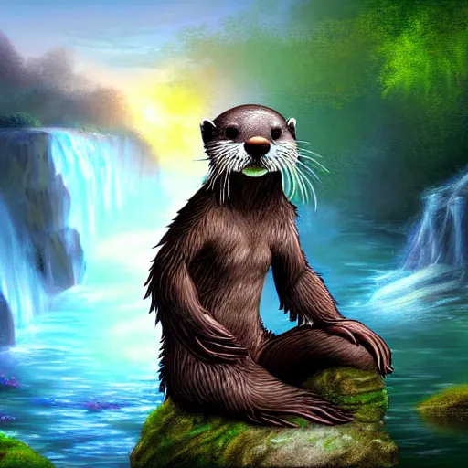 Image similar to furry otter warrior, fantasy art, lightweight armour, near the river, waterfall, digital art, high quality