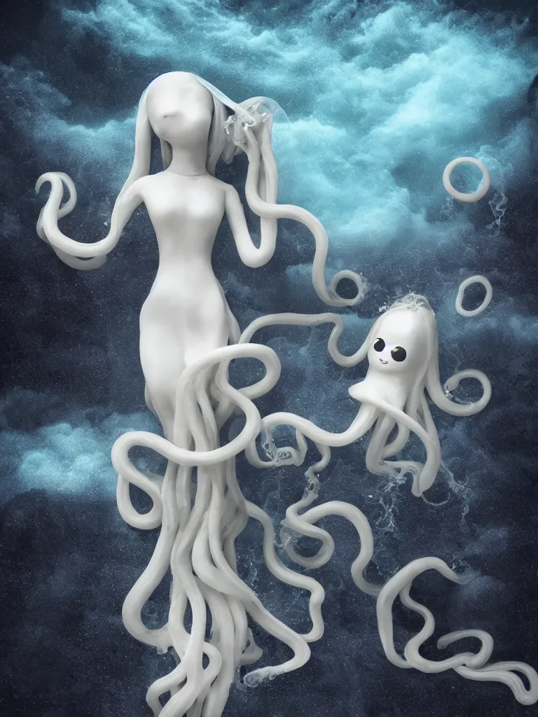 Image similar to cute fumo plush gothic translucent octopus maiden alien girl combing her hair in the waves of the wavering dark galactic abyss, ocean wave thunderstorm and reflective splashing water, black and white, ocean simulation, vignette, vray