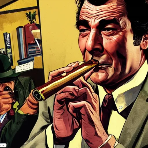 Image similar to GTAV cover art of Columbo holding a cigar
