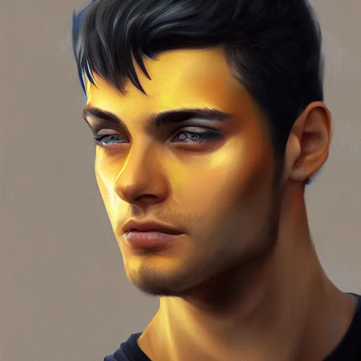 Image similar to ultra realistic illustration, a young man with black hair, in a yellow t - shirt, with blue eyes, highly detailed, digital painting, artstation, concept art, smooth, sharp focus, illustration