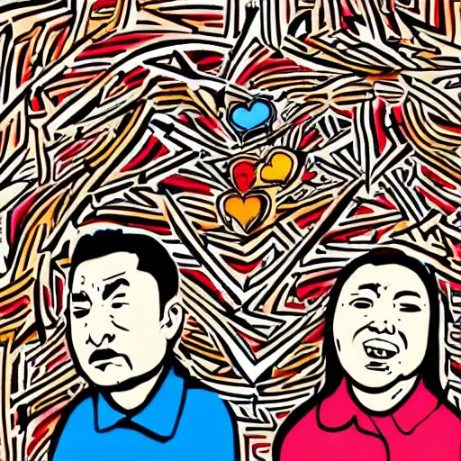 Image similar to uyghur Uighur family in a prison, heart kidney lungs, in the style of daniel johnston and outsider art, 4k, line brush, overlaid with chinese adverts