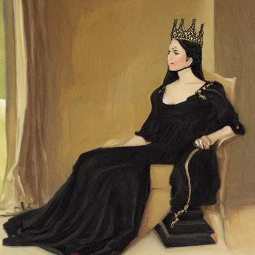 Image similar to an illustration of a queen wearing a beautiful black dress on a simple stone throne by john hawe, realistic, detailed, oil painting