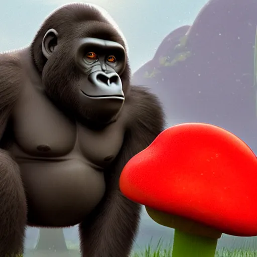 Image similar to a wholesome animation key shot of a gorilla holding a very small red mushroom, chilled out smirk on face, red headphones on head, studio ghibli, pixar and disney animation, sharp, rendered in unreal engine 5, anime key art by greg rutkowski, bloom, dramatic lighting