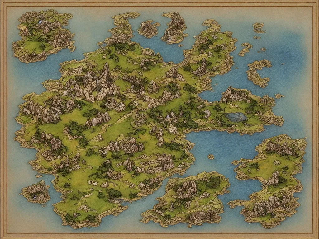 Image similar to an isometric fantasy map, the land of Odrua, uncluttered, bordered by ocean, continent with mountains lakes hills and cities, by brian froud by jrr tolkien in the dungeons and dragons and disney styles