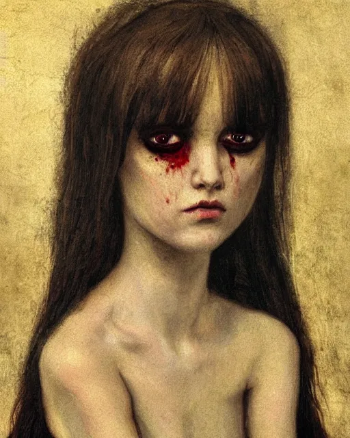 Prompt: a baroque painting of a beautiful but creepy girl in layers of fear, with haunted eyes and dark hair piled on her head, 1 9 7 0 s, seventies, wallpaper, a little blood, morning light showing injuries, delicate embellishments, painterly, offset printing technique, by brom, moebius, robert henri, walter popp