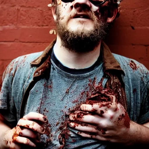 Prompt: homeless justin vernon in portland covered in chocolate stains. photograph.