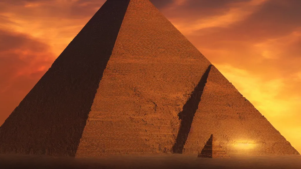 Prompt: Trending on artstation, beautiful pyramid with golden tip illuminated by the sunset, detailed matte painting, 4K