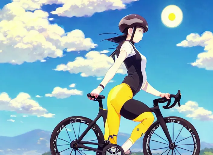 Prompt: portrait of cute girl riding road bike, sunny sky background, lush landscape, illustration concept art anime key visual trending pixiv fanbox by wlop and greg rutkowski and makoto shinkai and studio ghibli and kyoto animation, symmetrical facial features, sports clothing, yellow helmet, nike cycling suit, backlit, aerodynamic frame, riding pose