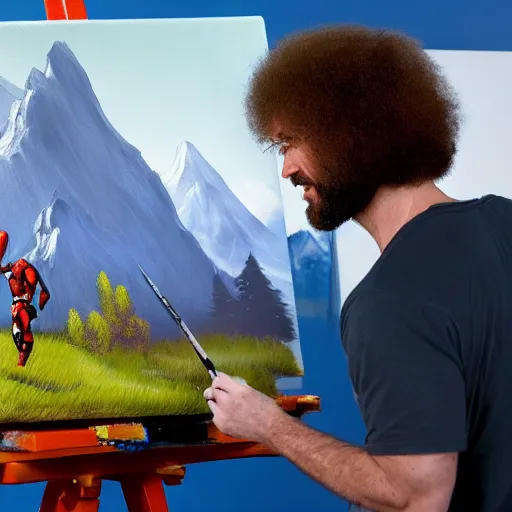 Image similar to a closeup photorealistic photograph of bob ross working on a canvas painting of deadpool. film still. brightly lit scene. mountains and trees. this 4 k hd image is trending on artstation, featured on behance, well - rendered, extra crisp, features intricate detail, epic composition and the style of unreal engine.