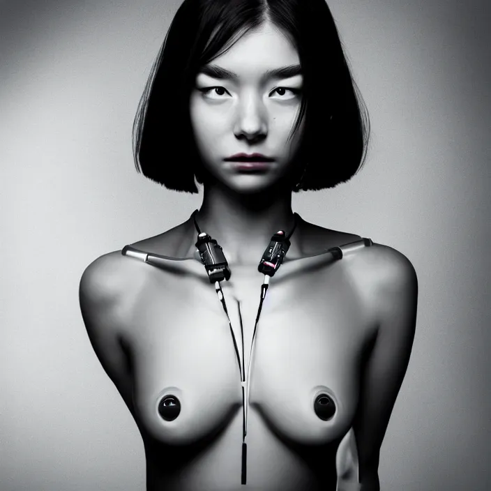 Image similar to cinematic portrait of woman from left, head and clothed chest only, exotic alien features, robotic enhancements, desaturated, in the style of studio ghibli