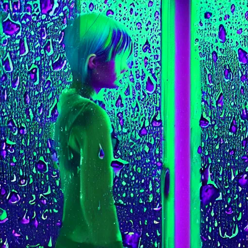 Prompt: raindrops on a pane of glass, green and purple hair, sad - girl, night, photorealistic, nighttime, lots of raindrops on glass, rain!!!, rainy, showers, city light reflections, cyberpunk