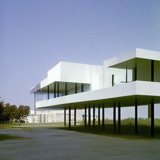 Prompt: ! dream elevated and cantilevered horizontal white modern office building, tall windows with black mullions, wood louvered accents, mies van der rohe, farnsworth house, barcelona pavilion, 7 0 mm, long shot, epic composition