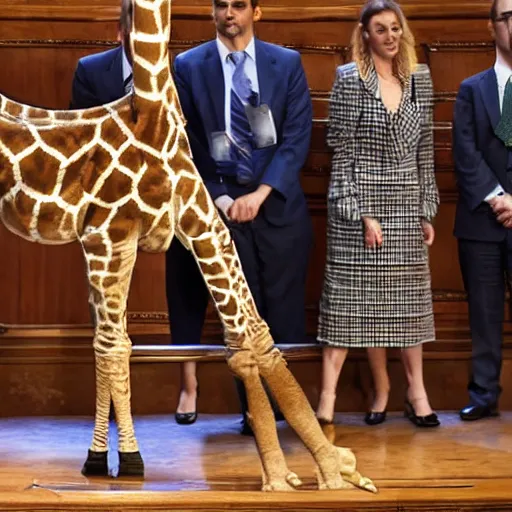 Image similar to a giraffe with a tie and pants on the spanish congressional stage