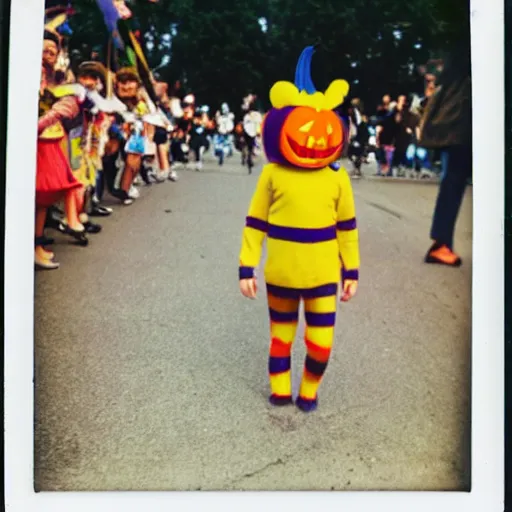 Prompt: a vivid, colorful polaroid photograph of kids in Halloween costumes marching in a parade