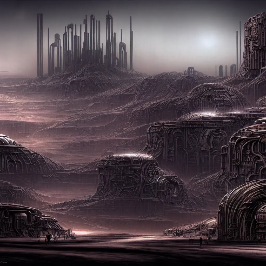 Image similar to industrial city in the desert, dune concept art by Yoshitaka Amano and H.R. Giger, monolithic structures, looming buildings, dark atmosphere, 4k, detailed,