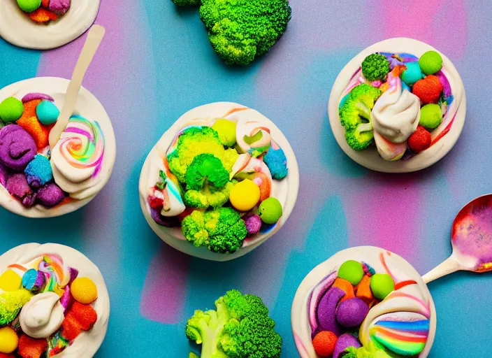 Prompt: food photo still of soft serve swirled frozen yogurt topped with broccoli and rainbow sprinkles, 8 5 mm f 1. 8 studio lighting