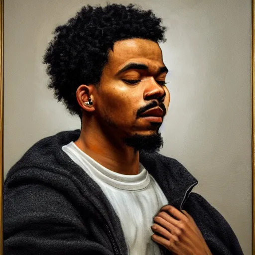 Prompt: a portrait painting of Chance The Rapper as a Poet in the style of Caravaggio, 1599, realistic, detailed