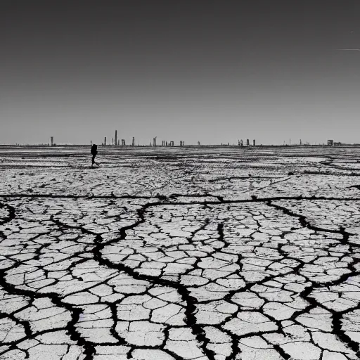 Image similar to apocalyptic beachside city, dried up oceans, desert everywhere, buildings covered in black tar