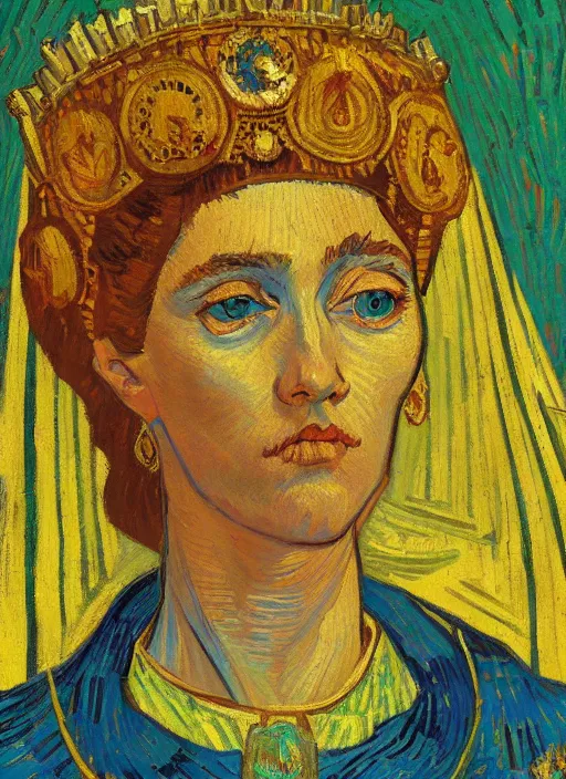 Image similar to !! portrait of a byzantine empress!! by van gogh, detailed face expressionist oil painting masterpiece, 8 k resolution, smooth, sharp focus, pastel color palette, trending on artstation