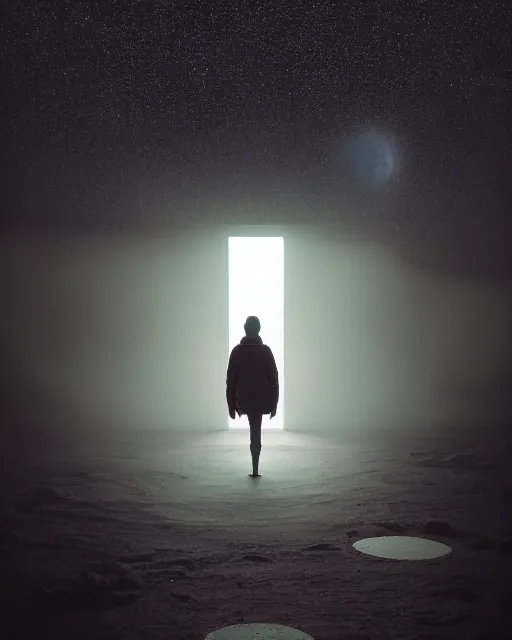 Image similar to a person standing in front of a glowy open door that's on a barren moon, poster art by mike winkelmann, trending on cg society, space art, sci - fi, ue 5, futuristic, volumetric lighting, light casting onto the ground, neat composition and camera angle