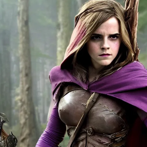 Image similar to movie still Emma Watson as Sylvanas Windrunner , pale violet skin