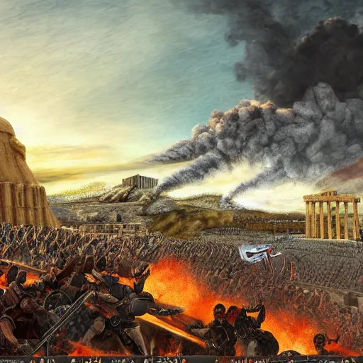 Image similar to digital art depiction of angry, strong, charismatic Cyrus the Great defeating fat, sad, weak Elon Musk at the battle for Athens, with the Acropolis of Athens burning on the background, trending on Artstation