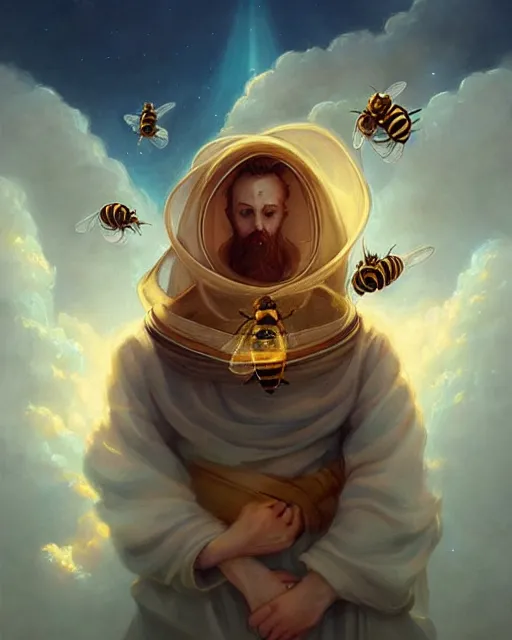 Prompt: Beekeeper pope portrait, heavenly clouds, radiant light, ethereal fantasy art by peter mohrbacher and artgerm