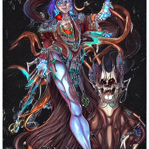 Image similar to paralytic feast on the rhinestone sky, electric visions in nightmares, character design of the 1 9 9 0 s by xul solar, # characterdesign # copicart # fantasy # illustration trending on artstation