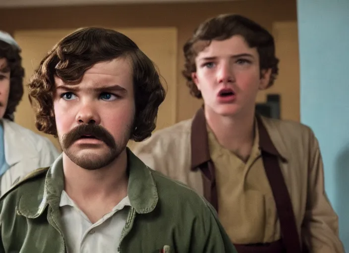 Image similar to film still of jim hopper as mike wheeler in stranger things, 8 k