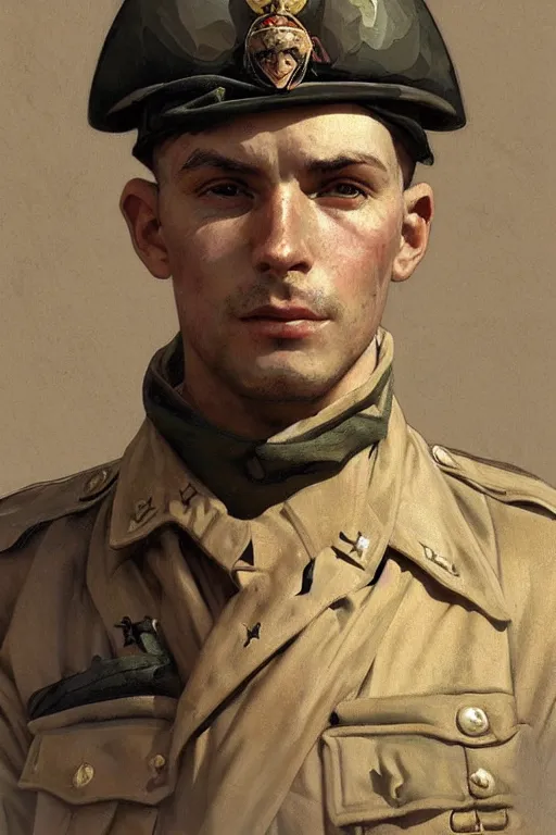 Image similar to A full portrait of a world war two soldier, intricate, elegant, highly detailed, digital painting, artstation, concept art, smooth, sharp focus, illustration, art by Krenz Cushart and Artem Demura and alphonse mucha