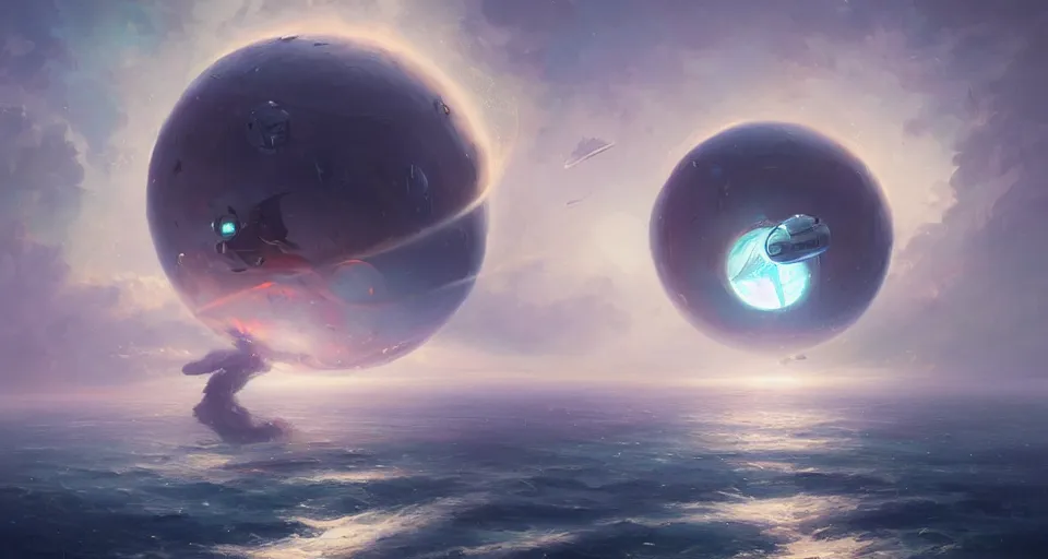 Image similar to a spherical white space stations looms over the ocean by peter mohrbacher, vivid colors, matte painting, 8K, concept art, mystical color scheme, trending on artstation